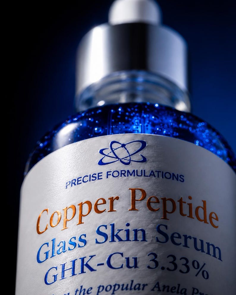 K&ouml;nnte beinhalten: Eine klare Glasflasche mit einem leuchtend blauen fl&uuml;ssigen Serum. Das wei&szlig;e Etikett tr&auml;gt den Text Precise Formulations, Copper Peptide Glass Skin Serum und GHK-Cu 3.33% in blauer und kupferfarbener Schrift, gekr&ouml;nt von einer silbernen Pipettenkappe.