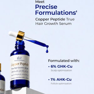 May include: A blue glass bottle of Precise Formulations Copper Peptide True Hair Growth Serum with a gold-capped dropper. The label lists 6% GHK-Cu and 1% AHK-Cu. Text includes 'Meet Precise Formulations' Copper Peptide True Hair Growth Serum'.