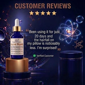 May include: A blue glass dropper bottle of Copper Peptide True Hair Growth Serum by Precise Formulations, featuring a white label with black text, sitting on a gold cylindrical stand. The background displays five gold stars and a customer review.