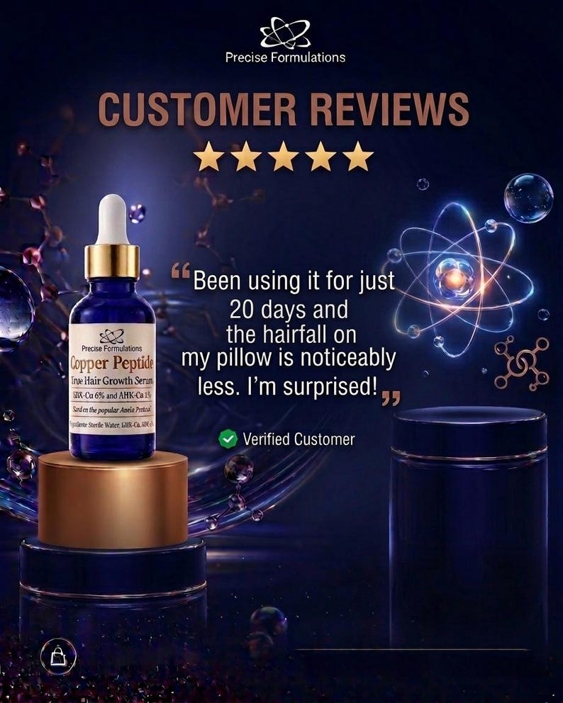 May include: A blue glass dropper bottle of Copper Peptide True Hair Growth Serum by Precise Formulations, featuring a white label with black text, sitting on a gold cylindrical stand. The background displays five gold stars and a customer review.