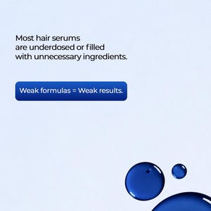 May include: A light blue background featuring the Precise Formulations logo, text stating Most hair serums are underdosed or filled with unnecessary ingredients, a blue button with the text Weak formulas = Weak results, and three dark blue liquid drops.