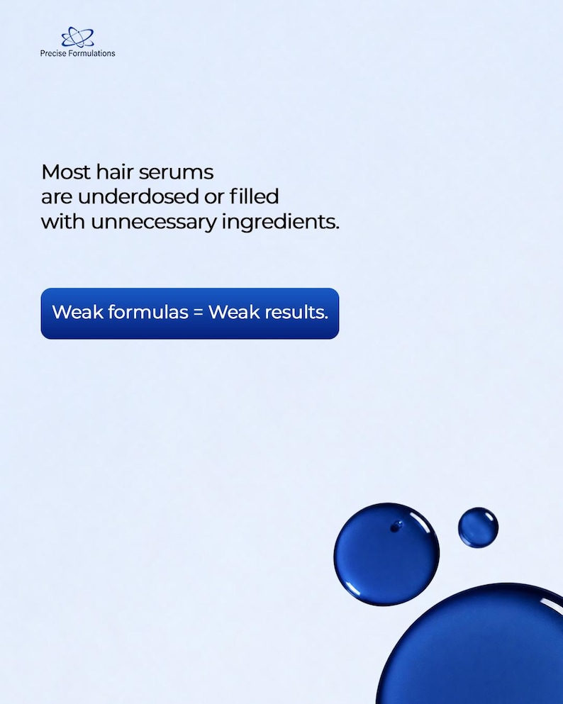May include: A light blue background featuring the Precise Formulations logo, text stating Most hair serums are underdosed or filled with unnecessary ingredients, a blue button with the text Weak formulas = Weak results, and three dark blue liquid drops.