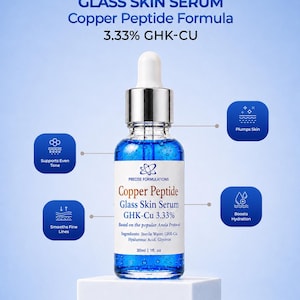 K&ouml;nnte beinhalten: Eine klare Glasflasche mit blauem Serum und Pipettenverschluss, beschriftet mit Precise Formulations Copper Peptide Glass Skin Serum GHK-Cu 3.33%, 30ml. Das Etikett listet Inhaltsstoffe wie steriles Wasser, GHK-Cu, Hyalurons&auml;ure und Glycerin auf.
