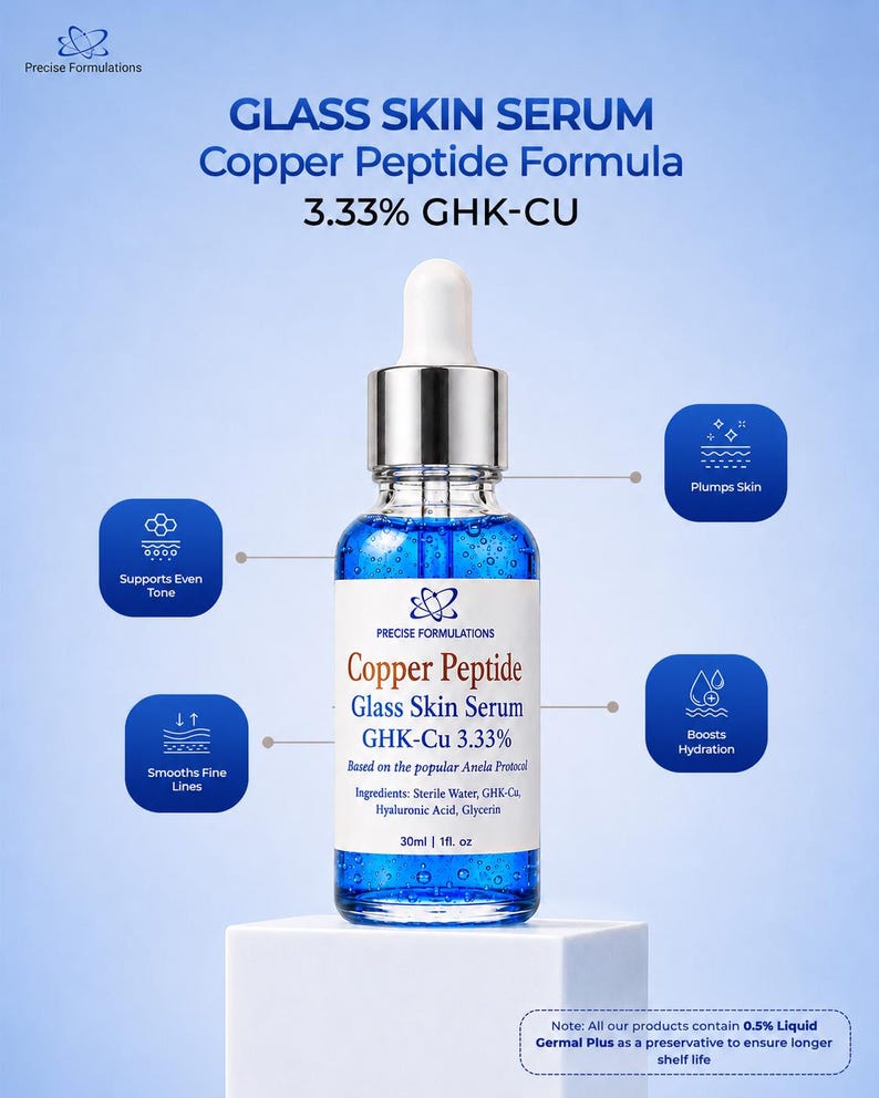 K&ouml;nnte beinhalten: Eine klare Glasflasche mit blauem Serum und Pipettenverschluss, beschriftet mit Precise Formulations Copper Peptide Glass Skin Serum GHK-Cu 3.33%, 30ml. Das Etikett listet Inhaltsstoffe wie steriles Wasser, GHK-Cu, Hyalurons&auml;ure und Glycerin auf.