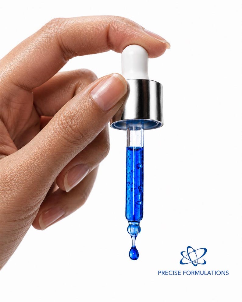 K&ouml;nnte beinhalten: Eine Glastropfpipette gef&uuml;llt mit einer leuchtend blauen Fl&uuml;ssigkeit, mit einem wei&szlig;en Gummisauger und einer silbernen Metallmanschette. Ein einzelner Tropfen des blauen Serums h&auml;ngt an der Spitze. Das Logo PRECISE FORMULATIONS ist unten zu sehen.