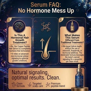 May include: An informational graphic for Precise Formulations Copper Peptide Hair Serum. It features text explaining the hormone-free formula, a diagram of a hair follicle, and a bottle of the serum on a pedestal with the text Natural signaling, optimal results. Clean.