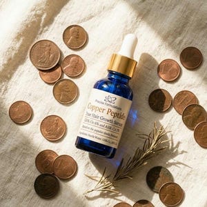 May include: A blue glass dropper bottle labeled Precise Formulations Copper Peptide True Hair Growth Serum GHK-Cu 6% and AHK-Cu 1% Based on the popular Anela Protocol Ingredients: Sterile Water, GHK-Cu, AHK-Cu, surrounded by scattered copper coins.