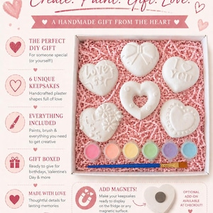 May include: A DIY keepsake kit with plaster heart shapes, paints, and a brush. The kit includes six unique heart-shaped keepsakes with various designs, along with colorful paints and a paintbrush. The box is filled with pink paper and includes the text "Create. Paint. Gift. Love."