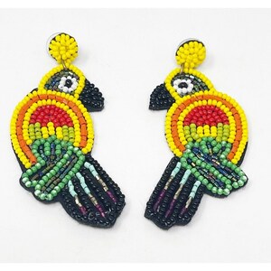 Handmade Artisan Multi Color Beaded Parrot Bird Dangle/Drop Statement Earrings