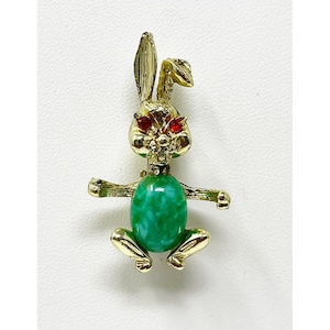 Vintage Gold Tone Red Rhinestone Eyes Green Jelly Belly Bunny Rabbit Brooch Pin