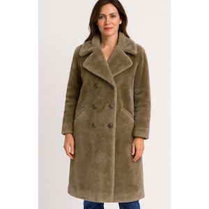 Vintage 70s Sears Fashions Faux Fur Teddy Coat Double Breasted Brown Size XL