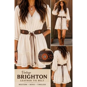 May include: A dark brown leather tie belt featuring a central floral motif with orange stitching and silver-toned metal accents. The belt includes long, thin leather ties that hang down from a circular metal buckle, worn over a cream-colored dress.