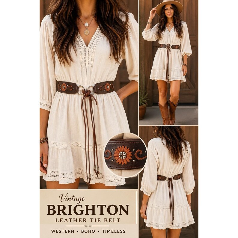 May include: A dark brown leather tie belt featuring a central floral motif with orange stitching and silver-toned metal accents. The belt includes long, thin leather ties that hang down from a circular metal buckle, worn over a cream-colored dress.