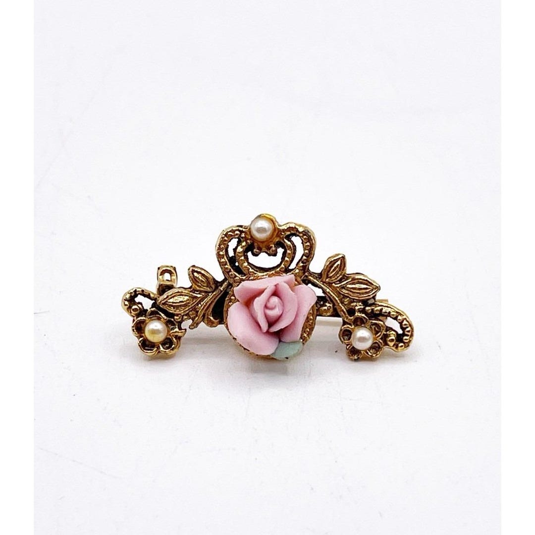 VTG 1 1/4” Pink Rose Faux Pearl Gold Tone Filigree Brooch Bar Pin ...