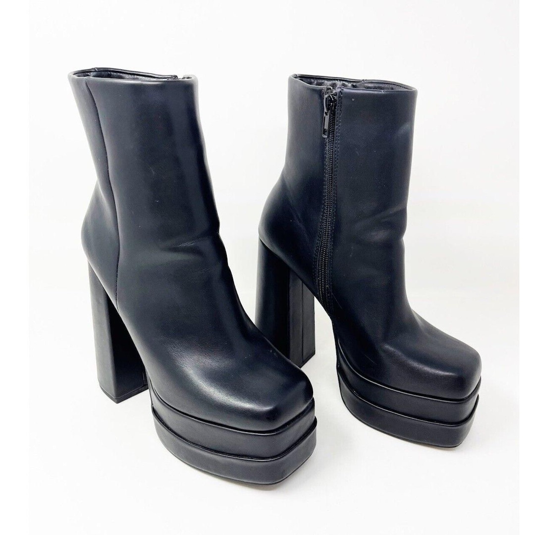 VTG Soda Black Double Platform Chunky Heel Boots Size 8 Goth Grunge ...