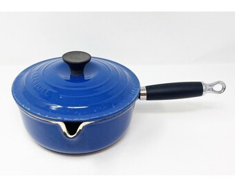 Vintage Le Creuset #20 Indigo Blue Enamel Cast Iron Lidded Saucepan With Spout