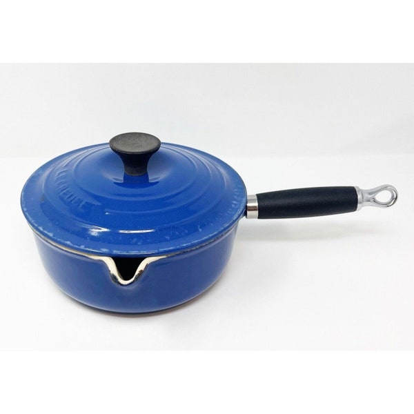 Vintage Le Creuset #20 Indigo Blue Enamel Cast Iron Lidded Saucepan With Spout