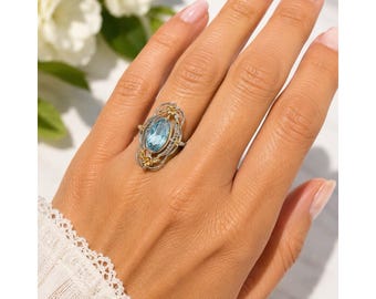 Anillo vintage de plata de ley 925 vermeil con piedra azul, estilo Art Nouveau floral, talla 8.