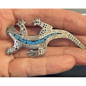 ヴィンテージ メキシカン 925 スターリングシルバー ヤモリ トカゲ ブローチ/ペンダント ターコイズインレイ メキシコ