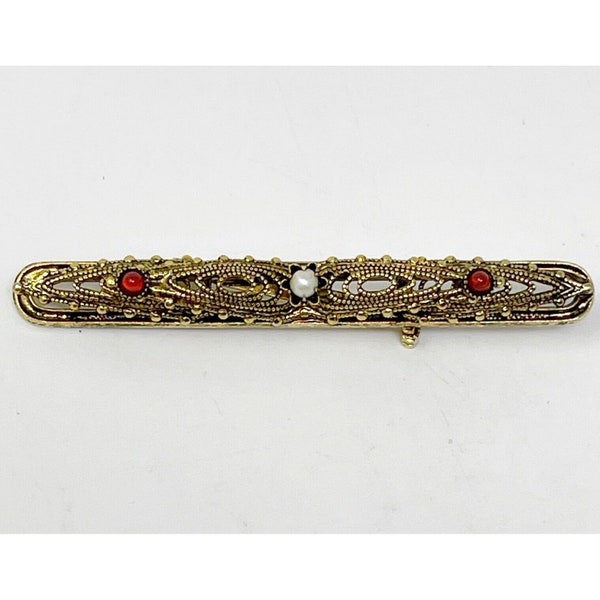 Vintage Gold Tone Art Deco Filigree Faux Pearl Bar Pin Brooch Tarnish