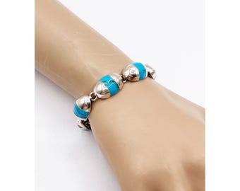 Vintage 80s Taxco Mexico CII 925 Sterling Silver Turquoise Inlay Link Bracelet