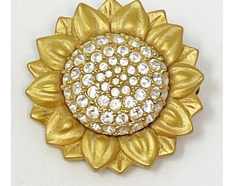 Vintage Swarovski 22K Matte Gold Plated Pave Crystals Sunflower Brooch Pin