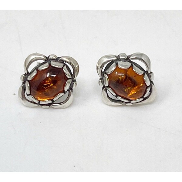 Vintage V-8 Valerio Poland 925 Sterling Silver Baltic Amber Dainty Stud Earrings