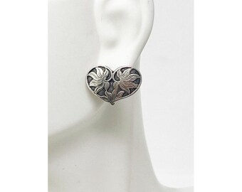 Vintage Oxidized 925 Sterling Silver Floral Heart Stud Pierced Earrings Tarnish