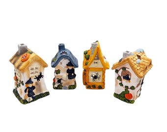 VTG Halloween Village Set Of 4 Tea Light Houses Witch Pumpkin Haunted Spooky