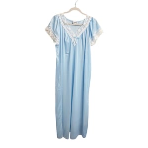 Vintage Fascination NY Blue Lace Trim Nylon Long Nightgown Lingerie Large USA
