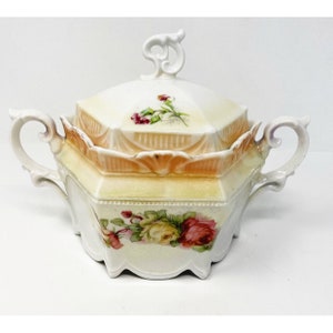 Vintage Floral Porcelain Double Handle Covered Sugar Bowl Storage Container Jar