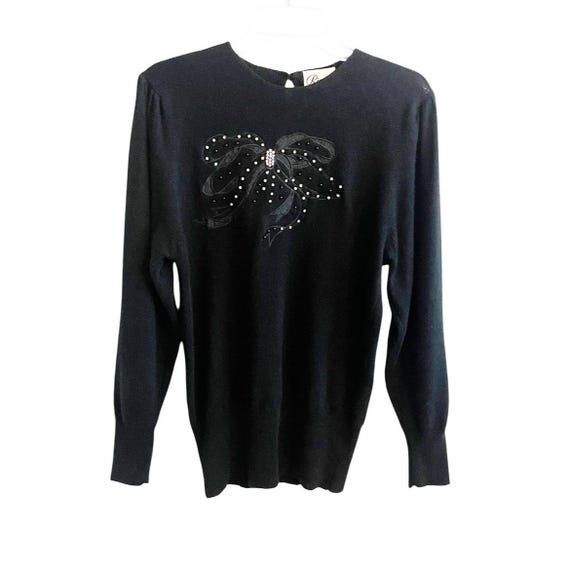 Vintage Rimini Perlen Schleife Pullover Klein Schwarz Lammswolle