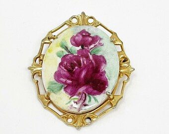 Vintage Gold Tone Filigree Flower Pink Rose Cameo Brooch Pin 1” X 1 1/2”