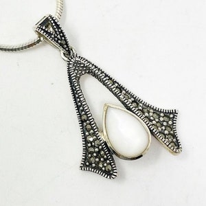 Vintage 925 Sterling Silver Marcasite Mother Of Pearl Modernist Pendant Necklace