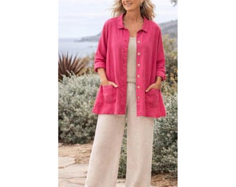 Vintage FLAX 100%  Linen Top Size 1G Pink Button Front Shirt Lagenlook Pockets Relaxed