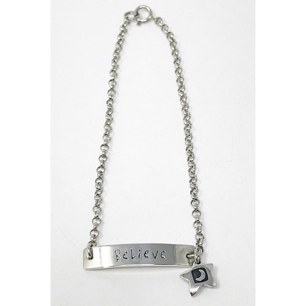Vintage Far Fetched 925 Sterling Silver Believe Rolo Chain Link Charm Bracelet