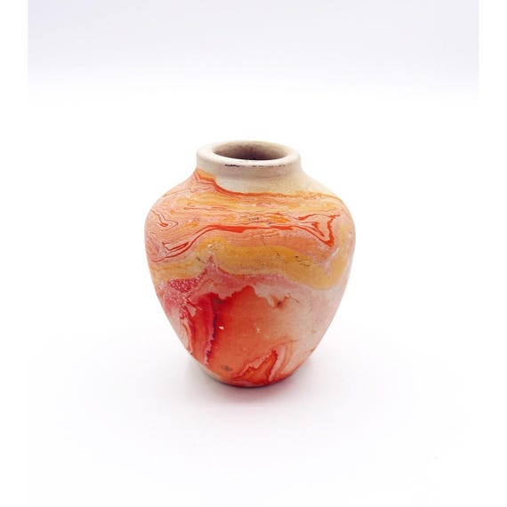 Nemadji Pottery USA Vase Orange Red Swirl Marbled Small 3.5