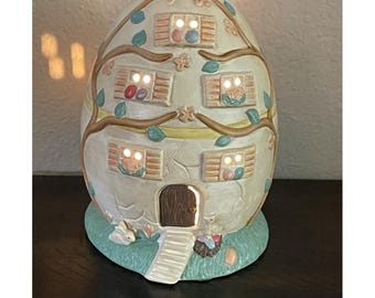 Vintage 90s Easter Egg House Lamp Night Light Ceramic Bunny