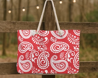 Red Bandana Weekender Bag Western Paisley Duffel Bag Boho Overnight Travel Tote Cowboy Aesthetic Hospital Bag Large Beach Bag