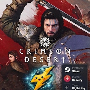 Op de afbeelding: Een digitale spelsleutel voor Crimson Desert met een krijger met zwaard en schild, een logo met een geel bliksemkarakter en een zwart informatievak met Steam-platform, directe levering, digitaal sleuteltype en wereldwijde regio.