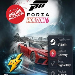 Può includere: Una copertina di gioco digitale per Forza Horizon 6 con un'auto sportiva rossa, un paesaggio montano e un badge circolare rosso con la scritta Online Multiplayer. Il testo include Platform: Steam, Instant Delivery, Type: Digital Key e Region: GLOBAL.