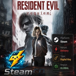 Könnte beinhalten: Ein digitales Spielcover für Resident Evil Requiem mit einer zentralen Figur, die eine Taschenlampe hält, vor einem dunklen Stadthintergrund. Die Anzeige zeigt die Steam-Plattform, sofortige Lieferung, digitalen Schlüssel und globale Region.