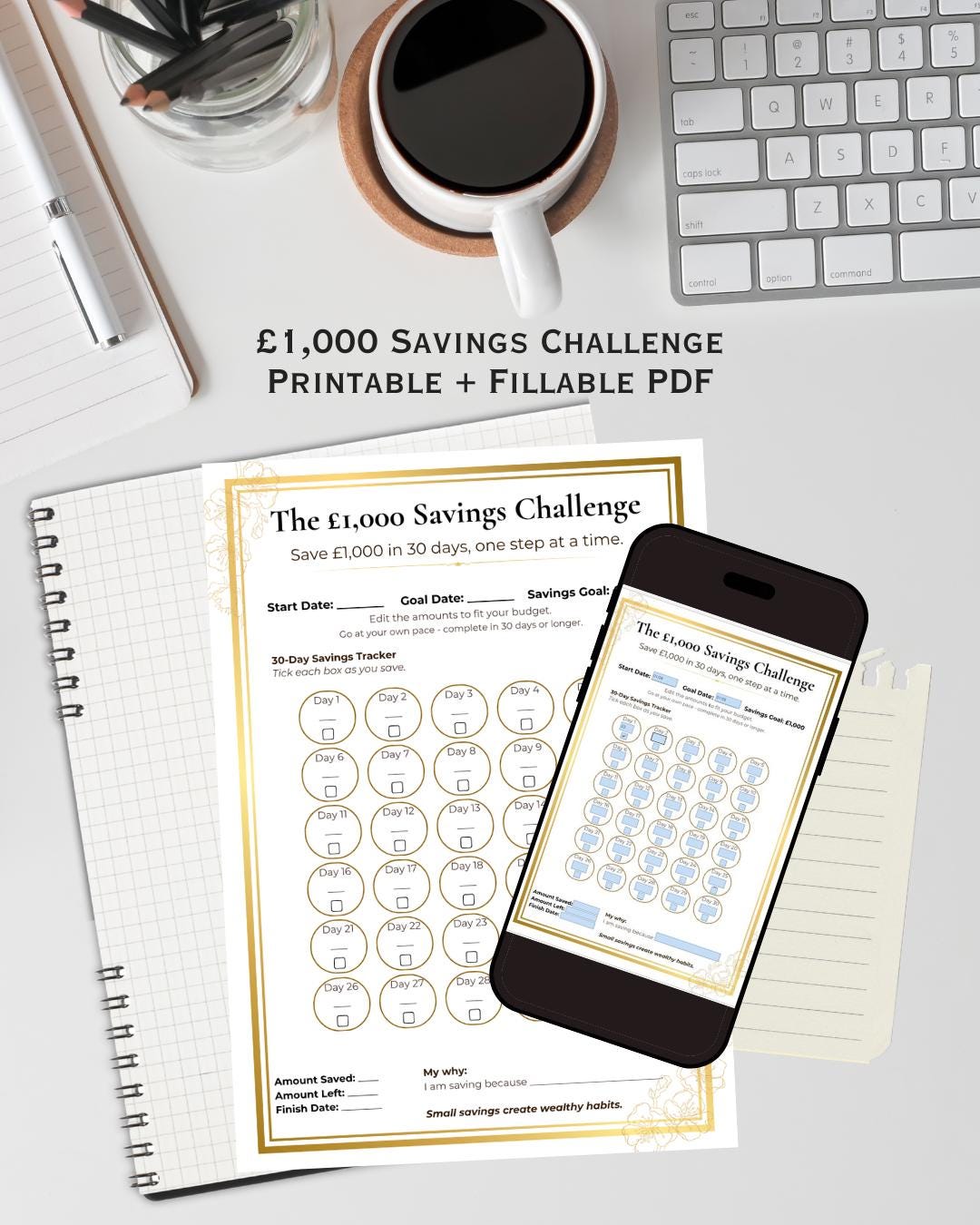 Savings Challenge Printable Fillable PDF | 1000 Savings Tracker | 30 ...