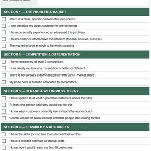 Op de afbeelding: Een checklist voor het valideren van zakelijke ideeën met de titel "Business Idea Validator Checklist" in witte tekst op een donkergroene achtergrond. De checklist is onderverdeeld in secties zoals "The Problem & Market" en "Competition & Differentiation".