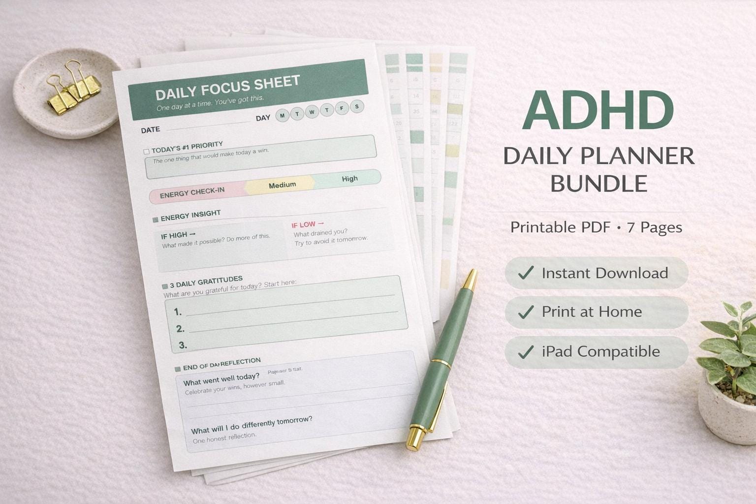 ADHD Daily Planner Bundle Printable PDF | Habit Tracker | Daily Focus ...