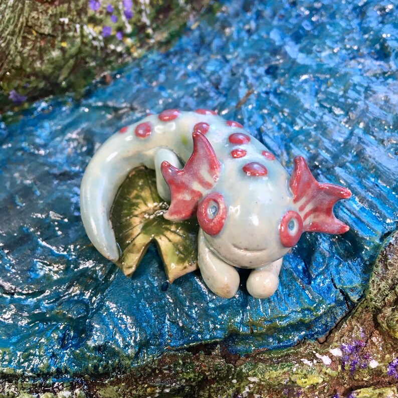 Axolotl Salamander With Lilypad Aquatic Aquarium Terrarium Amphibian Water Dragon Handmade Ceramic Magical Fantasy River Creature