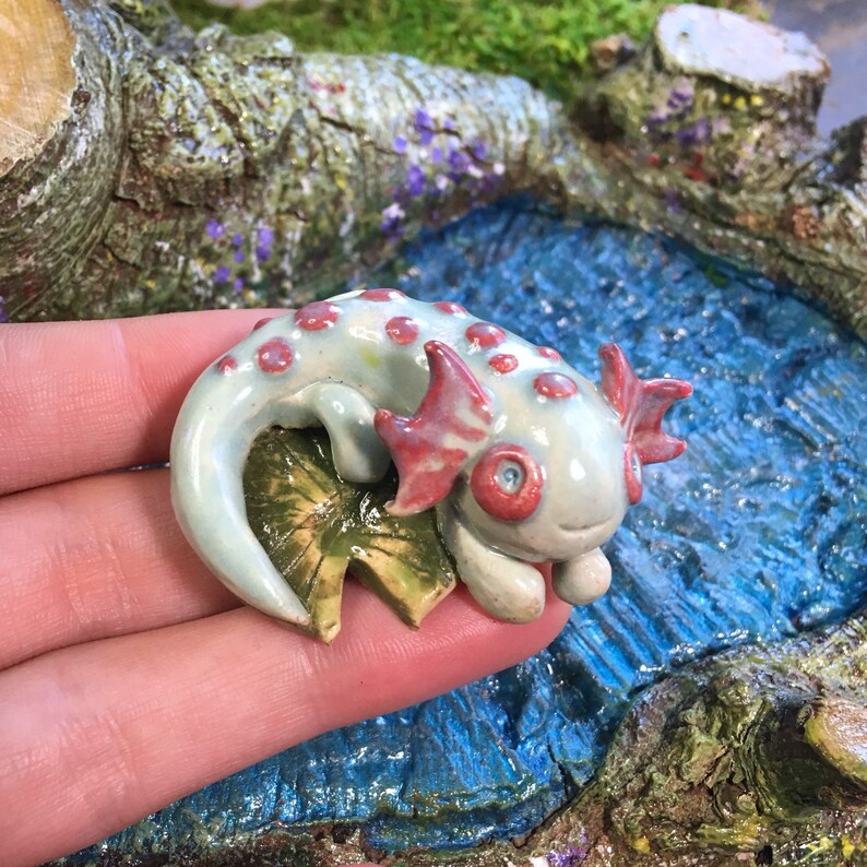 Axolotl Salamander With Lilypad Aquatic Aquarium Terrarium Amphibian Water Dragon Handmade Ceramic Magical Fantasy River Creature