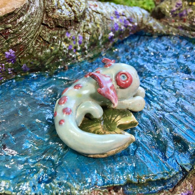 Axolotl Salamander With Lilypad Aquatic Aquarium Terrarium Amphibian Water Dragon Handmade Ceramic Magical Fantasy River Creature