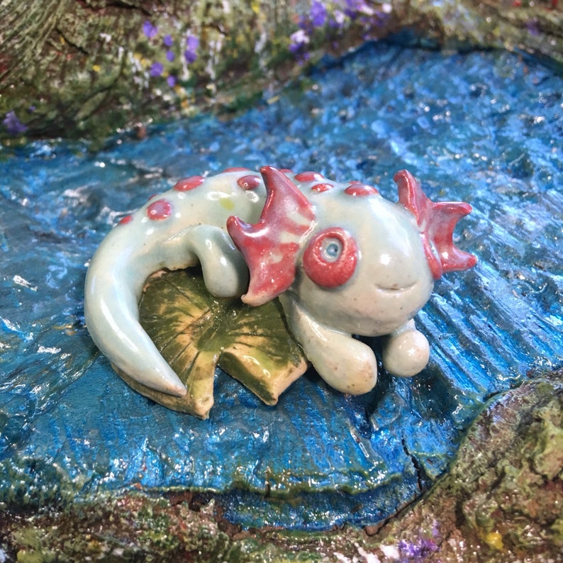 Axolotl Salamander With Lilypad Aquatic Aquarium Terrarium Amphibian Water Dragon Handmade Ceramic Magical Fantasy River Creature