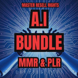 Op de afbeelding: Een digitale afbeelding met de tekst "MASTER RESELL RIGHTS" bovenaan. De woorden "A.I BUNDLE" staan in grote rode letters, met "MMR & PLR" eronder. De achtergrond heeft een blauw printplaatontwerp en robotarmen.